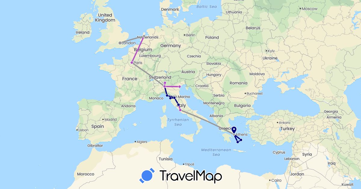 TravelMap itinerary: driving, plane, train in France, United Kingdom, Greece, Italy, Netherlands (Europe)